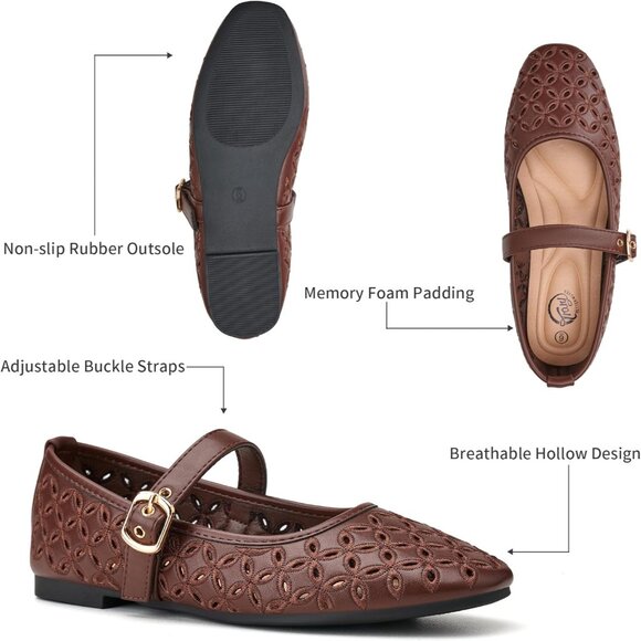 Women's Coffee Ballet Squared Toe Ankle Strap PU Comfortable Dressy Flats Shoes - Picture 4 of 6